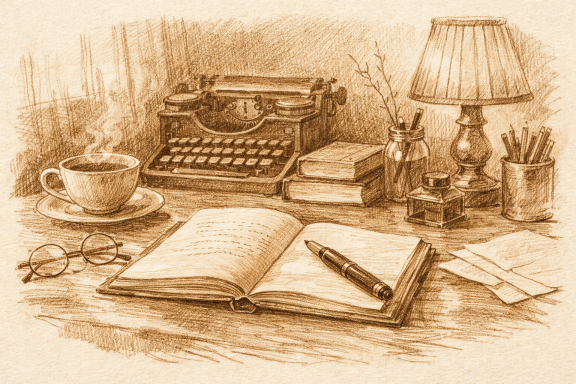 Arbeitsplatz in sepia Dampfender Kaffee neben alter Schreibmaschine