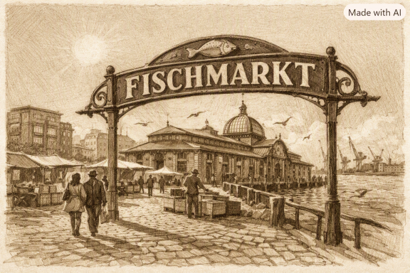 Hamburger Fischmarkt Der historische Fischmarkt in Hamburg bei Sonnenschein.