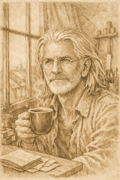 der Blick in die Ferne Kaffeetrinkender Autor