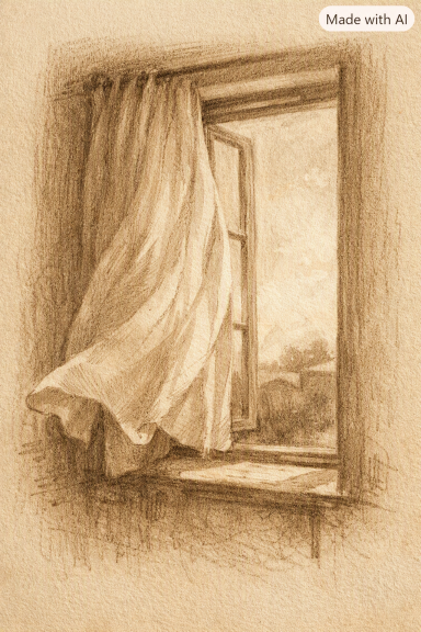 Geöffnetes Fenster im Wind Ein Windhauch