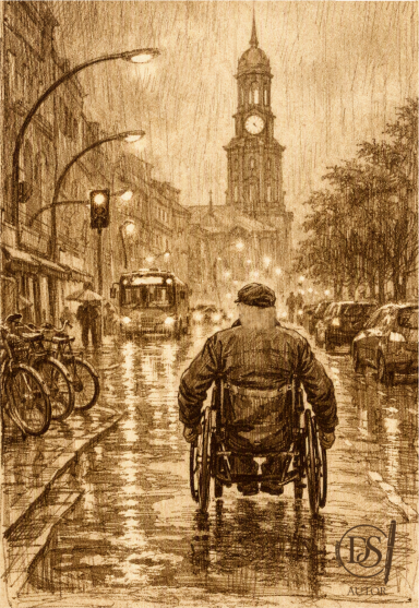 Mit Rollstuhl auf Hamburgs Straßen mit dem Rollstuhl durch Hamburgs Regen
