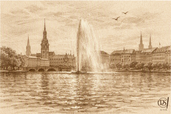 Innenalster in sepia Innenalster mit Wasserfontäne