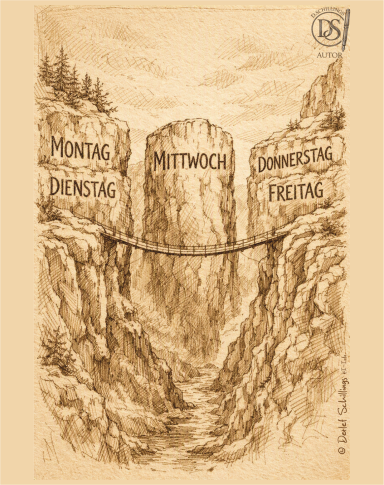 Geteilte Woche durch Hängebrücke Gedanken zur Wochenteilung
