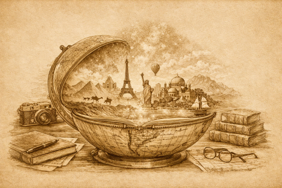Schillings Traumwelt in sepia Alle Kontinente in einem aufgeklappten Globus