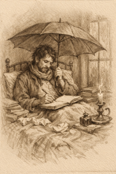 Künstler mit Regenschirm Schillings als armer Künstler