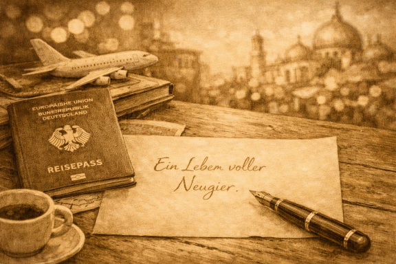 ein Leben voller Neugierde Reisepass neben einer Tasse Kaffee