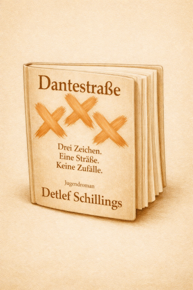 Das veröffentlichte Buch in sepia Buchzeichnung Dantestraße XXX
