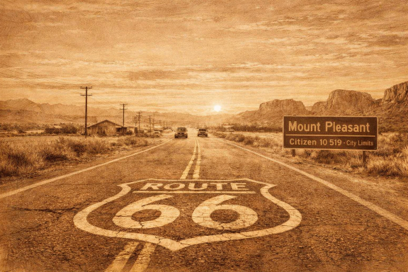 Route 66 in sepia Mount Pleasant, Route 66, Box 244 D, Schillings Adresse in Texas