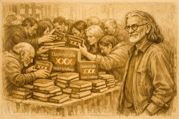 Ramschen in sepia Der Autor blickt stolz auf die kaufende Menge