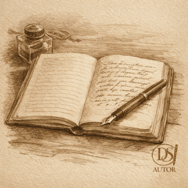 Gedanken im Sepia Buch mit Füller und Tintenfass