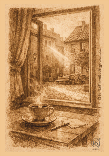 Hoffenster Samstagsstimmung. Dampfender Kaffee, Blick aus dem Fenster