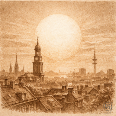 glühende Sonne über Hamburg in sepia Die Sonne glüht über Hamburgs Dächern