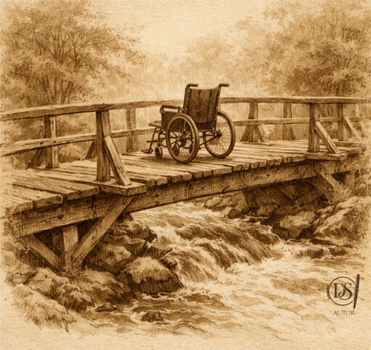 Leerer Rollstuhl auf Holzbrücke Rollstuhl auf Brücke