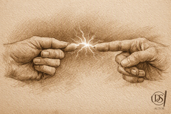 Anziehungskraft in sepia Ein Funken springt zwischen zwei Händen