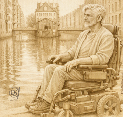 Detlef Schillings im Rolli in der Speicherstadt Detlef Schillings im Rollstuhl
