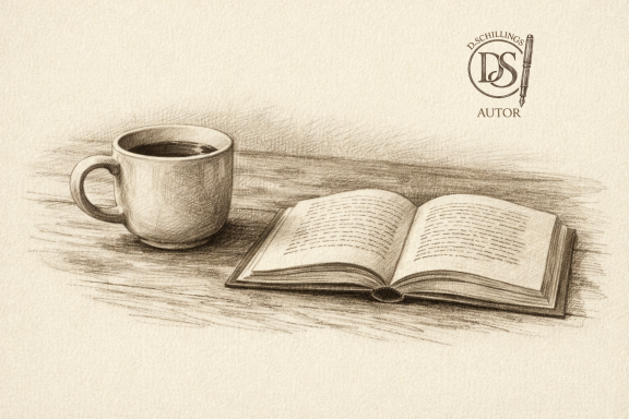 Schreibtisch mit Kaffeetasse und Notizbuch Notizbuch mit dampfenden Kaffee